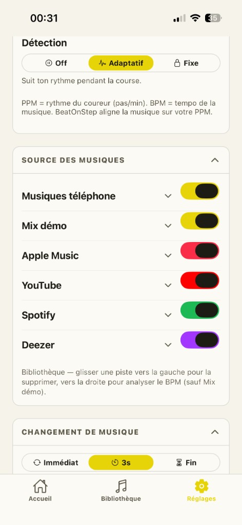Réglages : sources cochées