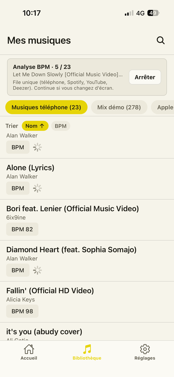 Bibliothèque : analyse BPM musiques téléphone